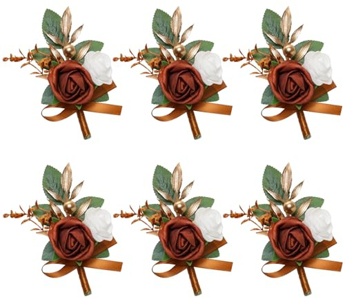 Gvhntk 6 pcs Burnt Orange Boutonniere for Men Wedding Groom Groomsmen Best Man Terracotta Artificial Flowers Boutonniere for Fall Rustic Wedding Ceremony Anniversary Prom Flowers Formal Dinner Party