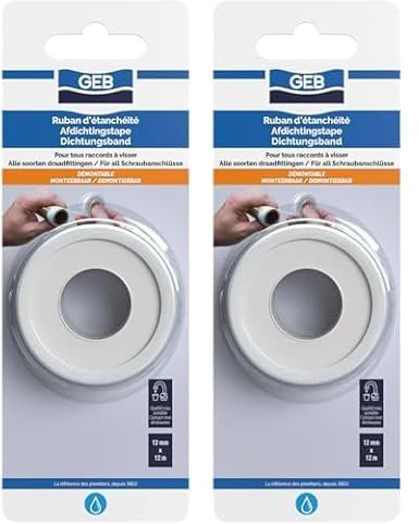 GEB Rubans d'étanchéité en PTFE - 12 m x 12 mm x 0,075 pour l'étanchéité des raccords filetés - Compatible eau potable (Lot de 2)