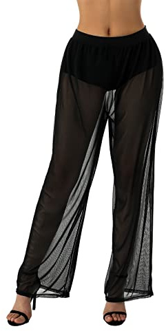 SYHVGI Women's See Through Pants Sheer Mesh Trousers Summer Perspective Loose Beach Pants Bikini Bottom Cover up (Black, L)