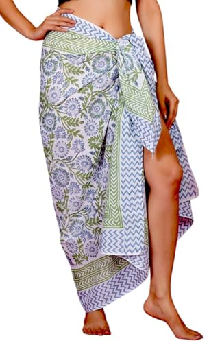 100% Cotton Hand Block Sarong Beach Pareo -Your Perfect Summer Cover up Swimwear Companion Wrap Skirt in Summer (Blue Green 1)