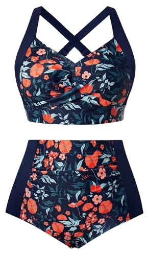 Hanna Nikole High Waist Bikini Sets Womens Tummy Control Push up Swimsuits Orange Flower L
