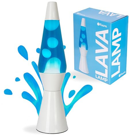 Fisura - Lampada lava blu con base bianca, cera bianca e liquido azzurro. Design retrò con lampadina di ricambio. Dimensioni: 11,5 cm x 11,5 cm x 40 cm.