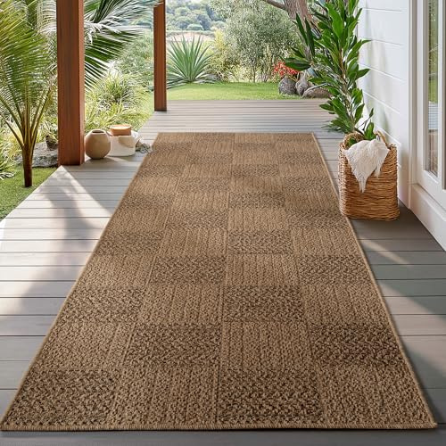 HomebyHome Outdoor Teppich Läufer 80x150 cm Wetterfest Pflegeleicht Jute Natur Optik Karo Design für Flur Eingang Küche Terrasse Balkon