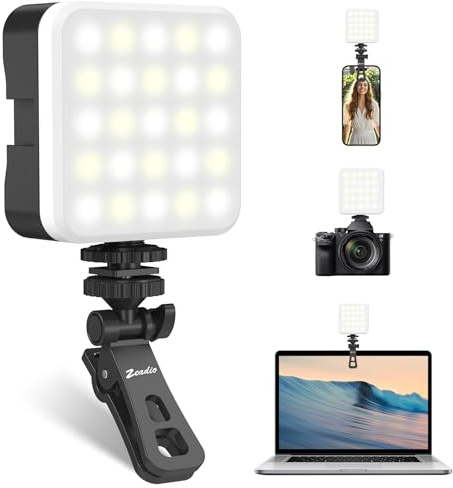 Zeadio Lampe vidéo Portable pour Selfie avec Clip, lumière LED Rechargeable IRC 95+/20 Modes scène/3000 K-7000 K avec 3 Supports Griffes, Lot de 1