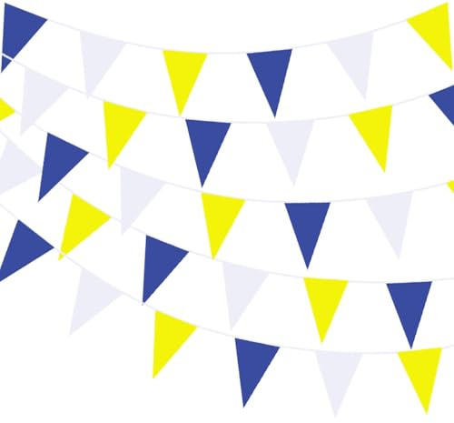 Wimpelkette, 40 m, gelb, weiß, blau, Wimpelkette, Stoff, Dreiecksflaggen, Party-Dekorationen für Abschlussfeiern, Geburtstage