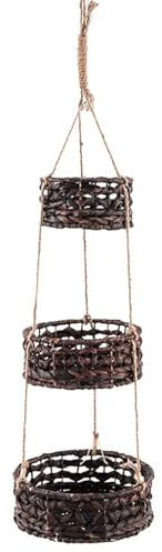 Grugoods 3-Tier Wicker Hanging Planter Basket Handwoven Water Hyacinth Rattan Round Hanging Organiser for Flower Pot Vegetable Fruit Storage Basket Plant Containers for Indoor Outdoor (Black)