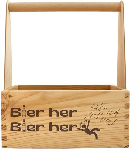 Geschenkissimo Bier her Bier her oder ich Fall um - Flaschenträger aus Holz für 6 Flaschen 24,5 x 17 x 30 cm Holz Geschenk mit lustigem Spruch, Bierträger personalisiert