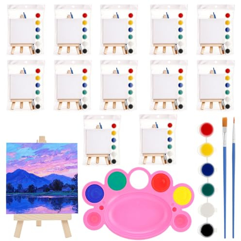 12 Stück Mini Leinwand mit Staffelei(10x10cm) mit Acrylfarben & Malpaletten Kreativset für Kinder Partyzeichnungen, Tischkunst & Bastelbedarf