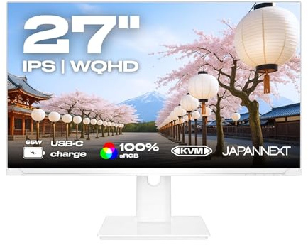 JapanNext Monitor Blanco 27 IPS WQHD (2560x1440) | HDR | Carga por USB-C (65W) | Altura e Inclinación Ajustables (HSP) | 100% sRGB G-Sync/FreeSync | JN-i27QR-C65W-HSP-W