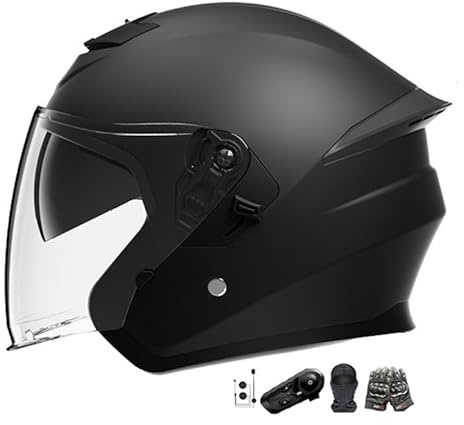 Casque Jet,Casque De Moto Bluetooth, Certifié DOT/ECE, Coque Résistante Aux Chocs Avec Visière Anti-Rayures, Casque Semi-Ouvert, Casque De Scooter, Doublure Douce Et Respirante C,One size: 55~62cm
