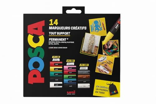 POSCA - Estuche de 14 rotuladores de pintura PC-5M de punta media – Colores surtidos opacos – Marcador permanente a base de agua para papel, madera, vidrio, textil y bricolaje