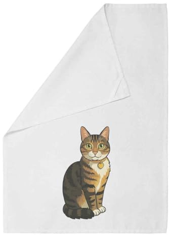 Azeeda 'Sitting Tabby Cat' Cotton Tea Towel - White (TW00065683) | Dish Cloth for Drying, Baking, Cooking and Kitchen Decor