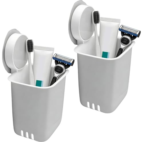 JUUDDENPARTS 2-Piece Wall-Mounted Toothbrush Holder Set, Suction Cup Toothbrush Holder, White Plastic, No Drilling, Suitable for Bathrooms and Kitchens
