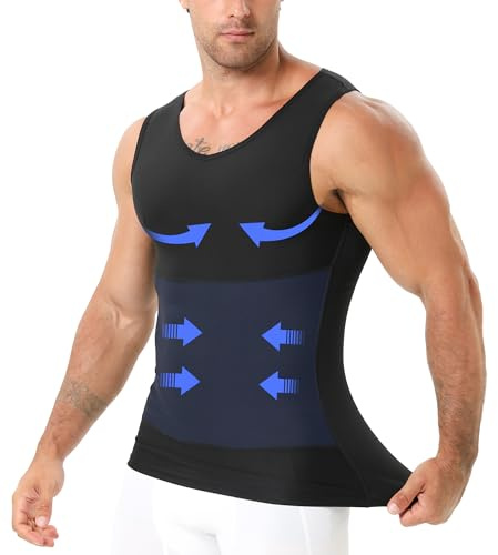 YOWODA EUK Compression Shirt Men, V-Neck Slimming Body Shaper Tank Top Shapewear Undershirt for Gynecomastia Tummy Control (Black, L)
