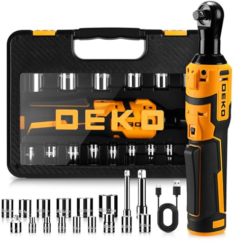 DEKOPRO Cordless Electric Ratchet Wrench Set 3/8 450RPM Power Ratchet Tool Kit, 19Pcs Cordless Ratchets Wrench Set with Variable Speed,14 Sockets,3/8 to1/4 Adapter,2 Extension Bars, Charging Line