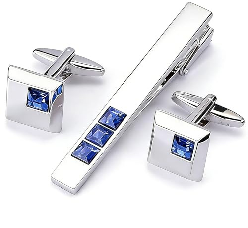 3 Pcs Cuff Link and Tie Clip Set Personalised Necktie Pinch Clips Blue