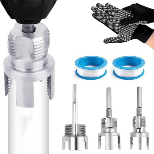 3 stycken rörgängskärare, 1/2 tum 3/4 tum 1 stång, vattenrör gängskärare invändig och yttre gängskärare, för borrmaskiner, inkl. 2 PTFE-tätningstejp och handskar, för PVC PP PE-rör