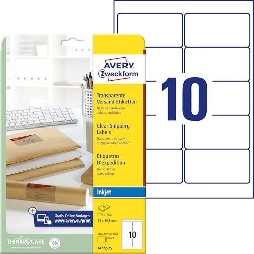 AVERY Zweckform J4722-25 Versandetiketten/Versandaufkleber (250 Etiketten, 96x50,8mm auf A4, bedruckbar, selbstklebend, für Inkjet-Drucker, für DIN B4/C4 Umschläge) 25 Blatt, transparent