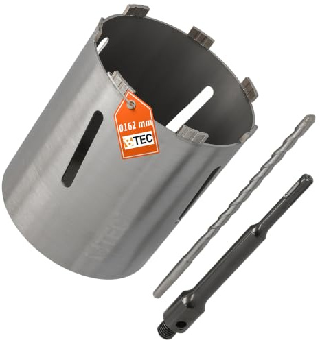 BTEC Diamant Betonbohrkrone mit 180mm Nutzlänge für Kernbohrungen in Beton, Mauerwerk Ziegel, Poroton uvm. SDS-plus lang (200mm) Aufnahme und Zentrierbohrer Ø 162 mm