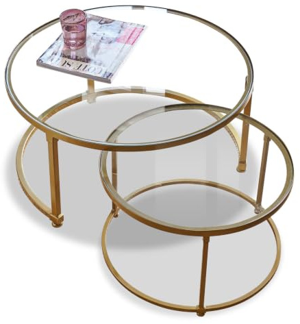 Loberon Couchtisch 2er Set Caraman, Messing/klar | Zwei Größen, Ineinander Schiebbar, Nostalgische Optik, Wohnzimmertisch, Sofatisch, Eisen, Glas