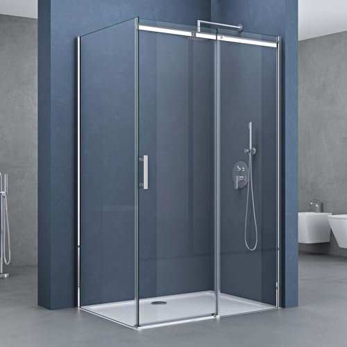 doporro Box Doccia Angolare 70x120x195 cm con Porta Scorrevole e Parete Fissa in Vetro Temperato Trasparente Anticalcare, Profilo Cromato, Piatto Doccia Incluso - Ravenna18k