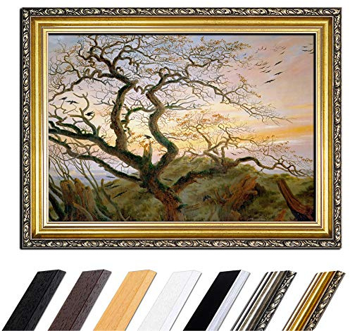 Bilderdepot24 Bild mit Rahmen - Caspar David Friedrich Der Baum der Krähen 80x60 cm - Gerahmtes Leinwandbild Alte Meister - Antiker Rahmen Gold Barock, Klassisch