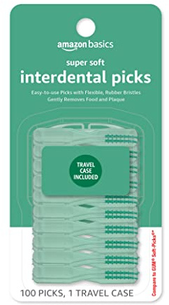 Amazon Basics Super Soft Interdental Picks for Plaque Remover and Teeth Cleaning, Easy to Use with Travel Case Included, 100 Count