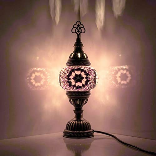 ENVA Turkish Moroccan Style Handmade Tiffany Multicolor Mosaic Desk Table Bedside Lamp, Bronze Base, Unique Light