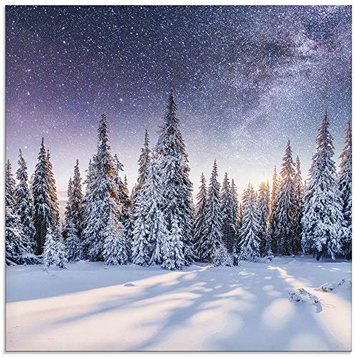ARTLAND Wanddeko Glasbilder Wandbild Glas Bild einteilig Quadratisch Winterlandschaft Wald Tannenbaum Natur Sternenhimmel Winter U1TO