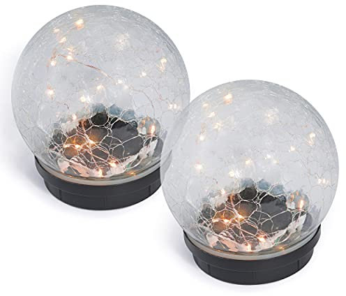 Esotec Solar Dekoleuchte Crackle Bruchglas Lichterzauber, Solarkugel 2er Set, Echtglas, Leuchtdraht innliegend, LED Leuchtkugel, Gartenlicht, Solarlichter, warmweiß, IP65, außen, D=15cm, 102436