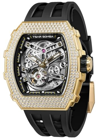 TSAR BOMBA Luxus Herren Automatik Saphirglas Wasserdicht Herrenuhr Tonneau Armbanduhr Silikonarmband Leuchtend Geschenke für Männer
