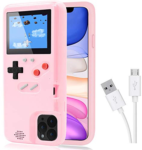 DIKKAR Game Case per iPhone, custodia retrò con alimentazione propria, 36 divertenti mini giochi, display a colori, custodia per videogiochi per iPhone 14 (rosa)