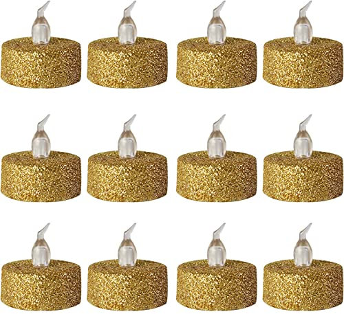 YiYFiT Gold Glittering Led Tealight Candles,12-Pack Warm Yellow Battery Flickering Fake Tea Lights Realistic Flameless Tealights for Christmas,Easter,Halloween,Wedding,Party,Festivals ect Decorations