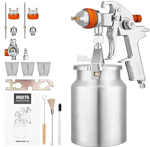 REFINE HVLP Spray Gun, Siphon Air Paint Sprayer Gun with 1.7mm 2mm Nozzle Sets, 1000CC Automotive Paint Gun with Air Regulator, Professional for Car, Furniture, House Painting