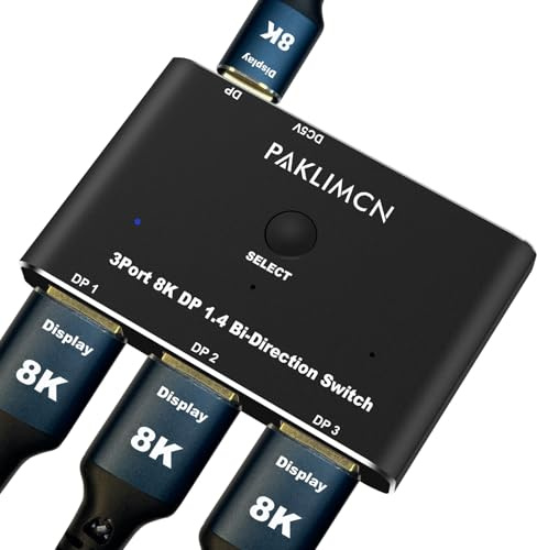 DisplayPort-Schalter 8K60Hz Displayport 1.4 Schaltbox DP 4K @144Hz zweiwägiger 3-in-1-Schalter, 1 in 3 aus, um Videosignale zwischen zwei Bildschirmen für einen Computer zu wechseln (3-in-1)