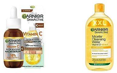 Garnier Nachtserum mit Vitamin C, Gegen dunkle Flecken und müde Haut & Sanftes Mizellen Gesichtswasser, Schonendes Reinigungswasser