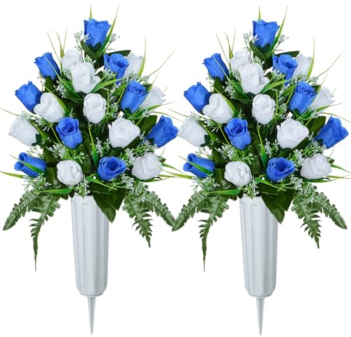 XONOR Artificial Cemetery Flowers, Grave Decorations Roses, Memorial Flowers Bouquet with Cemetery Vase, 2 Sets (White & Blue)