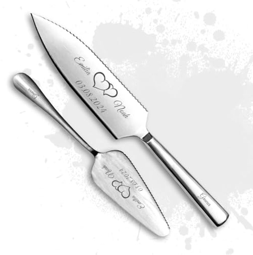 Tortenmesser + Kuchenheber Set mit eigener Gravur/Hochzeit Motiv Herzen Geschenk Brautpaar Tortenheber (Herzen)