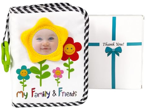 Boczif Baby Photo Album, Memory Book Holds 18PCS 4X6 Pictures, Soft Photo Cloth Book with Sunflower Baby-safe Mirror, Gift for Baby Shower Newborn Toddler Boy Girl (Sunflower)