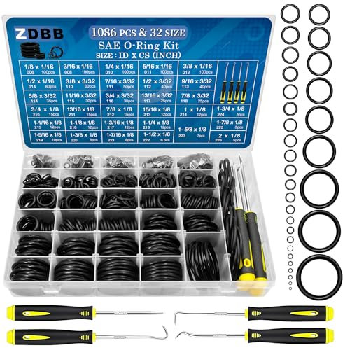 ZDBB 1086 Pcs SAE Standard O Ring Kit Nitrile Rubber O Rings Assortment with O‘Ring Pick for Hydraulic Automotive Plumbing Faucet Seal Repair 32 Size Inch ID:1/8”-2”