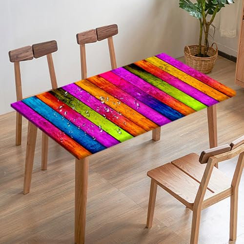 Mateju Rechteckig Tischdecke Outdoor Wetterfest, 3D-Hölzerne Druck Wasserdicht Gartentischdecke Abwaschbar Wischbare Gummiband Elastisch Tischdecken Outdoor Garten Küchen (200x95cm,Bunt)
