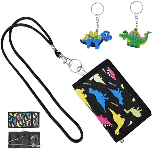 RAFIYU Portefeuille pour Enfants, Dinosaure Portefeuille pour Garçons et Filles, Portefeuille à Trois Volets avec Cordon de Serrage, Chaîne en Métal, Compartiment Billets et Monnaie et Porte-clés
