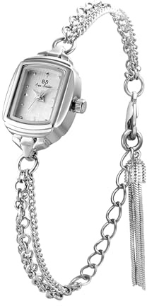 CARLIEN Womens Dainty Silver Gold Rectangle Pearl Dial Tassel Chain Ultra Thin Waterproof Quartz Watch Ladies Dress Casual Elegant Analog Wristwatch Bracelet (Silver)