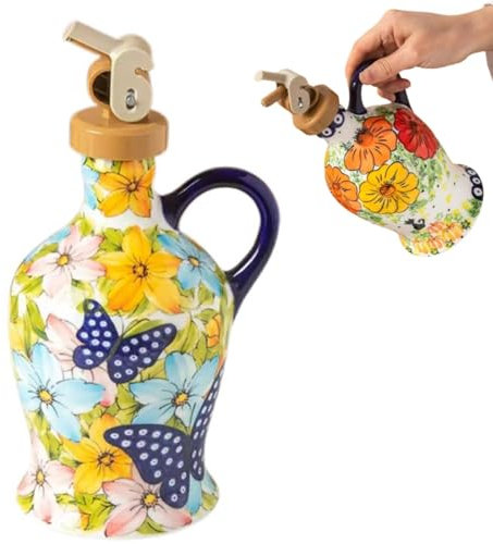 Ceramic Olive Oil Dispenser Bottle,600ml Hand Painted Olive Oil Bottle,Italian Ceramic Olive Oil Dispenser Bottle,Decorative Stoneware Olive Oil Dispenser with Spout for Oil,Vinegar,Coffee Syrup