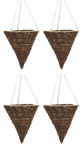 Wicker Basket Planters – Natural Rattan Willow Hanging Flower Pots with Polythene Liner & Metal Chain – Large Decorative Cone Shaped Hanging Planters for Indoor & Outdoor (Cone 36cm, 14Inch x 4Pack)