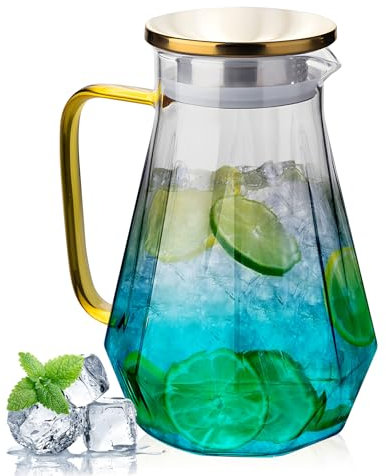 Carafe à eau en verre borosilicate de 2 L avec couvercle et poignée en acier inoxydable doré | Pichet à boissons chaudes et froides pour réfrigérateur | Design texturé en diamant | Passe au