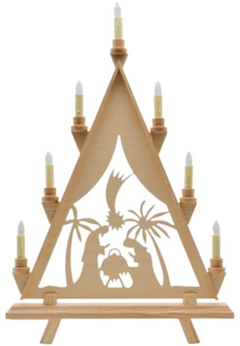 Erzwelt - Lichterbogen DBR37 – Schwedenleuchter aus Holz – spitzer Schwibbogen mit 7 Kerzen – Original Erzgebirge Lichterspitze – Weihnachtsdeko – Motiv Maria und Josef – 58 x 37 x 5 cm