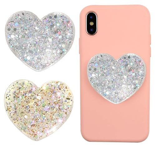 Set of 2 Universal Heart-Shaped Phone Grip Holder with Stand,Finger Grip with Kickstand - Compatible with Smartphones, Mobiles & Cases,Gold and Silver