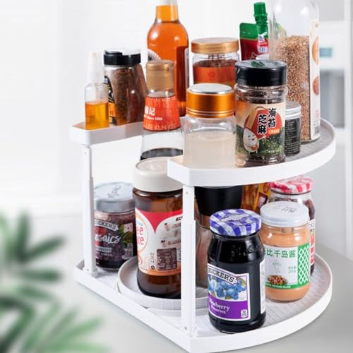 UUE Drehbarer Organizer 2 Etagen 360° Küchengewürzen Küchenregal Arbeitsplatte Eckregal Küche Gewürzregal Stehend Ohne Bohren Lazy Susan Bohren für Gewürzgläser, Kosmetik, Reinigungsmittel Weiß