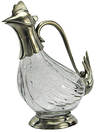 Cavagnini Brocca Decanter Artigianale a Forma di Anatra in Peltro e Vetro - Bottiglia Lusso per Vino, Acqua, Distillati - Elegante Caraffa Cesellata a Mano per una Tavola Raffinata